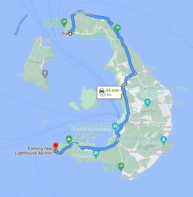 Santorini, trasa, mapa