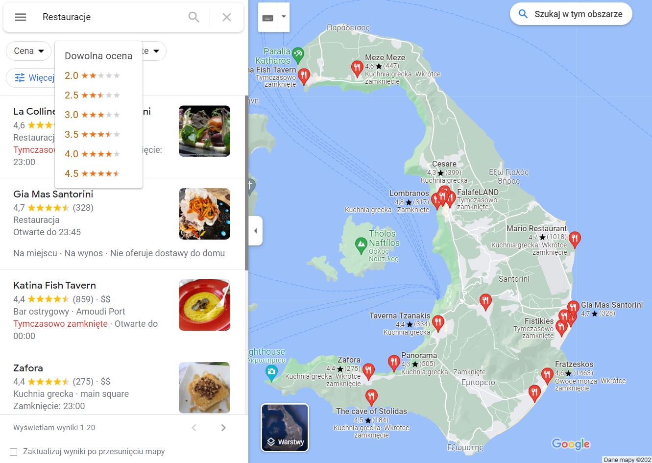 Santorini, Mapa, restauracje